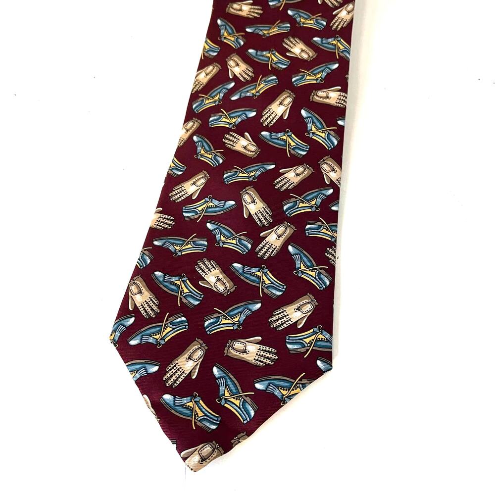 Sutter & Grant Golf Novelty Silk Tie Preppy Burgundy Shoes Gloves USA 90s  Ivy